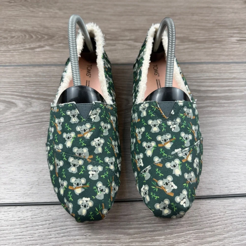 TOMS Womens Alpargata Faux Fur Koala Print Slip On Green 8.5